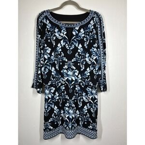 White House Black Market Floral Print Keyhole Neck 3/4 Sleeve Dress Large Cutout